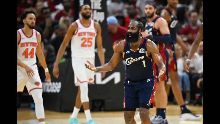 Cleveland Cavaliers guard James Harden (1) reacts in the second quarter against the New York Knicks during game three of the eastern conference finals for the 2026 NBA playoffs at Rocket Arena.