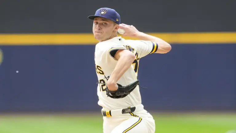 Milwaukee Brewers pitcher Jacob Misiorowski (32) throws a pitch.