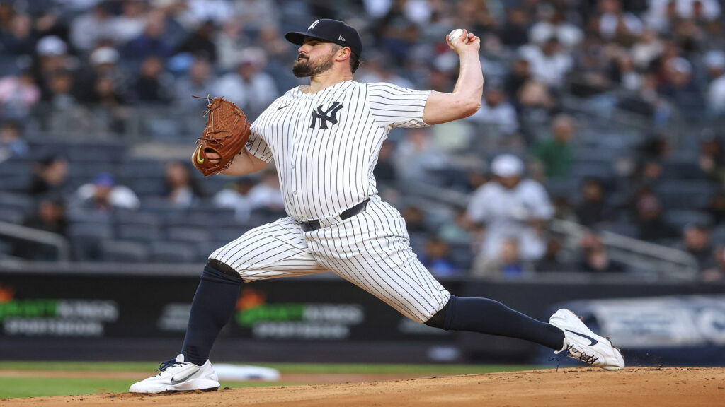 May 21, 2026; Bronx, New York, USA; New York Yankees starting pitcher Carlos Rodon (55) pitches in the first inning against the Toronto Blue Jays at Yankee Stadium.