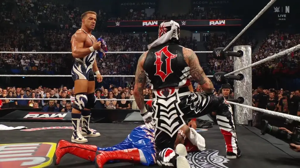 Chad Gable gives Rey Meysterio his mask back On Raw.