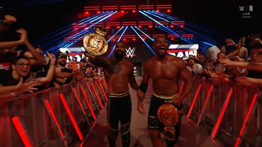 The Street Profits on Raw after winning the World Tag Titles from The Vision.