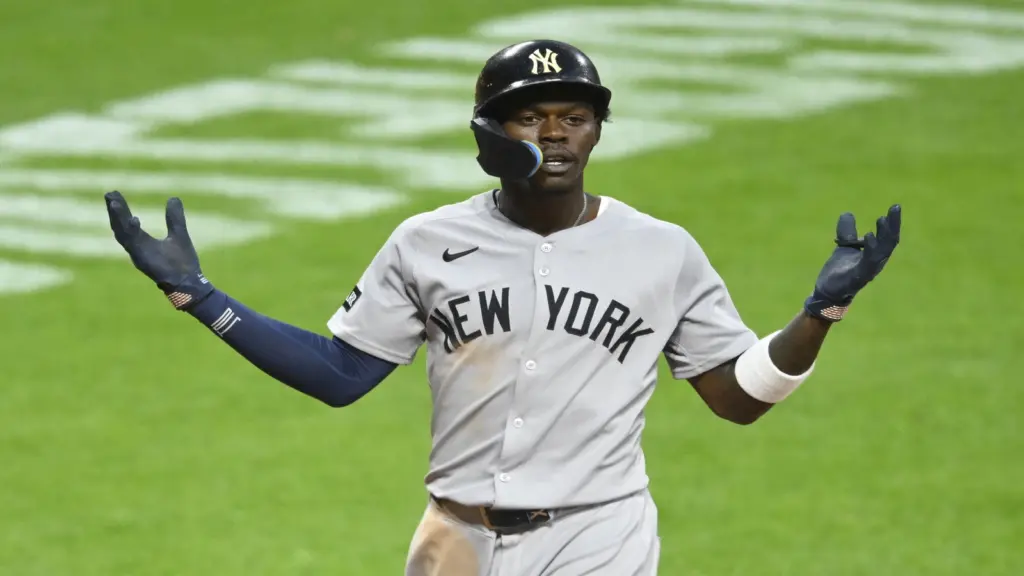 Jun 9, 2026; Cleveland, Ohio, USA; New York Yankees second baseman Jazz Chisholm Jr. (13) reacts after hitting a solo home run in the eighth inning against the Cleveland Guardians at Progressive Field.