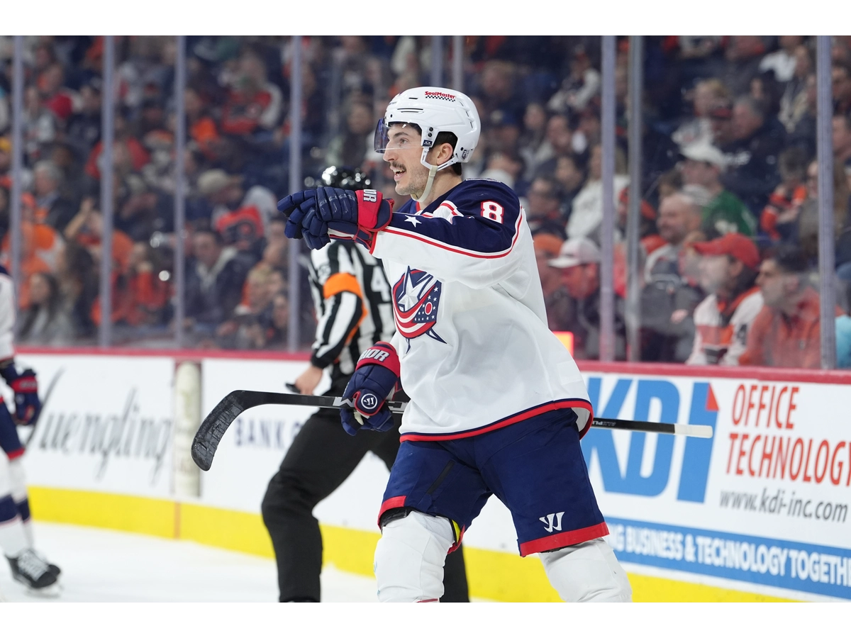 Zach Werenski, who had two assists as the Blue Jackets beat Sabres, reacts after a goal in March