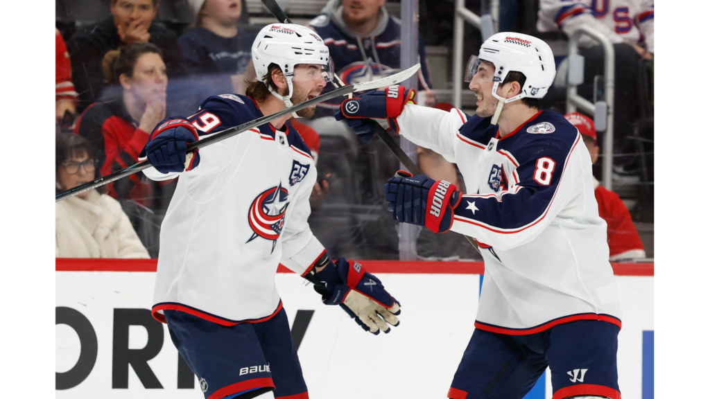 Blue Jackets beat Sabres 6-3 as Adam Fantilli and Zach Werenski celebrate a goal in an earlier game