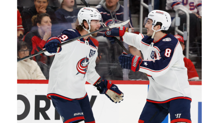 Blue Jackets beat Sabres 6-3 as Adam Fantilli and Zach Werenski celebrate a goal in an earlier game