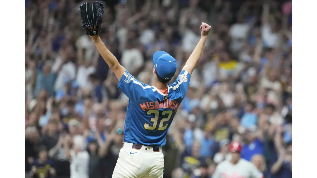 Misiorowski celebrating his dominant outing on the mound