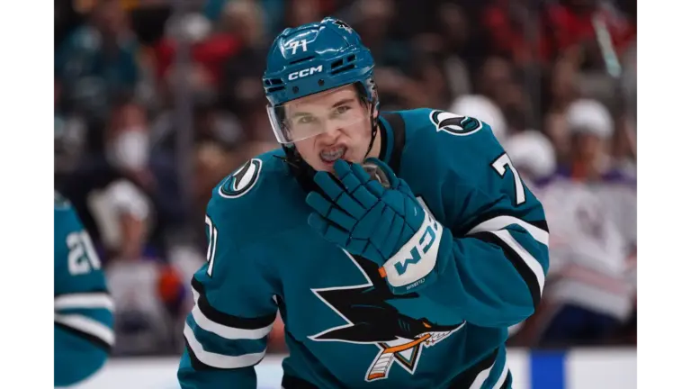 San Jose Sharks center Macklin Celebrini adjusts his mouthpiece at SAP Center in April 2026, ahead of Panthers vs. Sharks