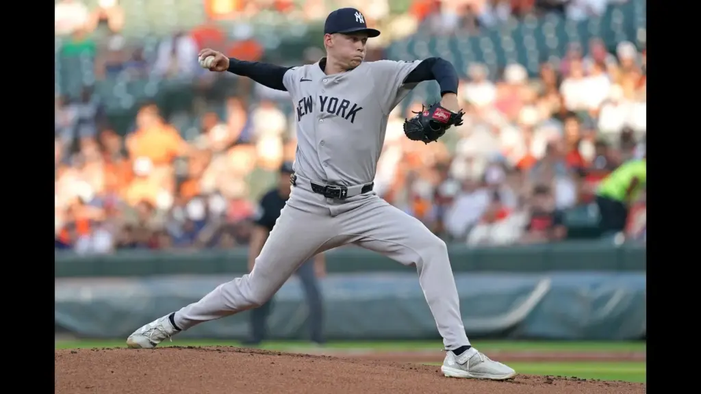 Aug 19, 2026; Baltimore, Maryland, USA; New York Yankees pitcher Will Warren (29) delivers during the first inning against the Baltimore Orioles at Oriole Park at Camden Yards. Mandatory Credit: Mitch Stringer-Imagn Images