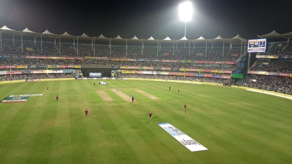 Barsapara Cricket Stadium in Guwahati under floodlights, the venue for the Shubman Gill double century against West Indies