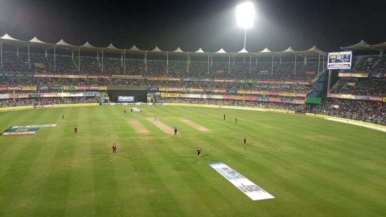 Barsapara Cricket Stadium in Guwahati under floodlights, the venue for the Shubman Gill double century against West Indies