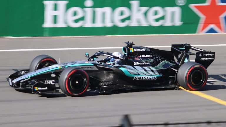 George Russell in his Mercedes, the winner of the Azerbaijan Grand Prix Saturday race, shown at the 2026 Chinese Grand Prix