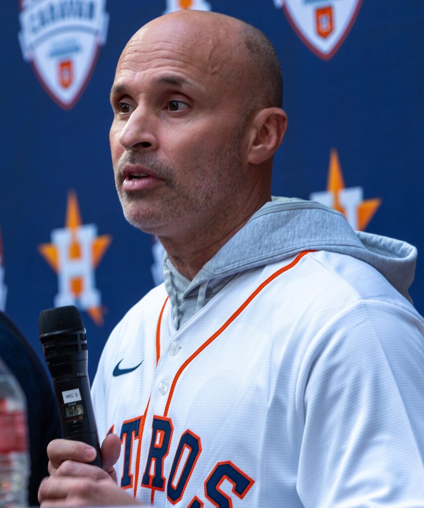 Houston Astros manager Joe Espada during a 2024 Astros Foundation Caravan visit to Army Futures Command