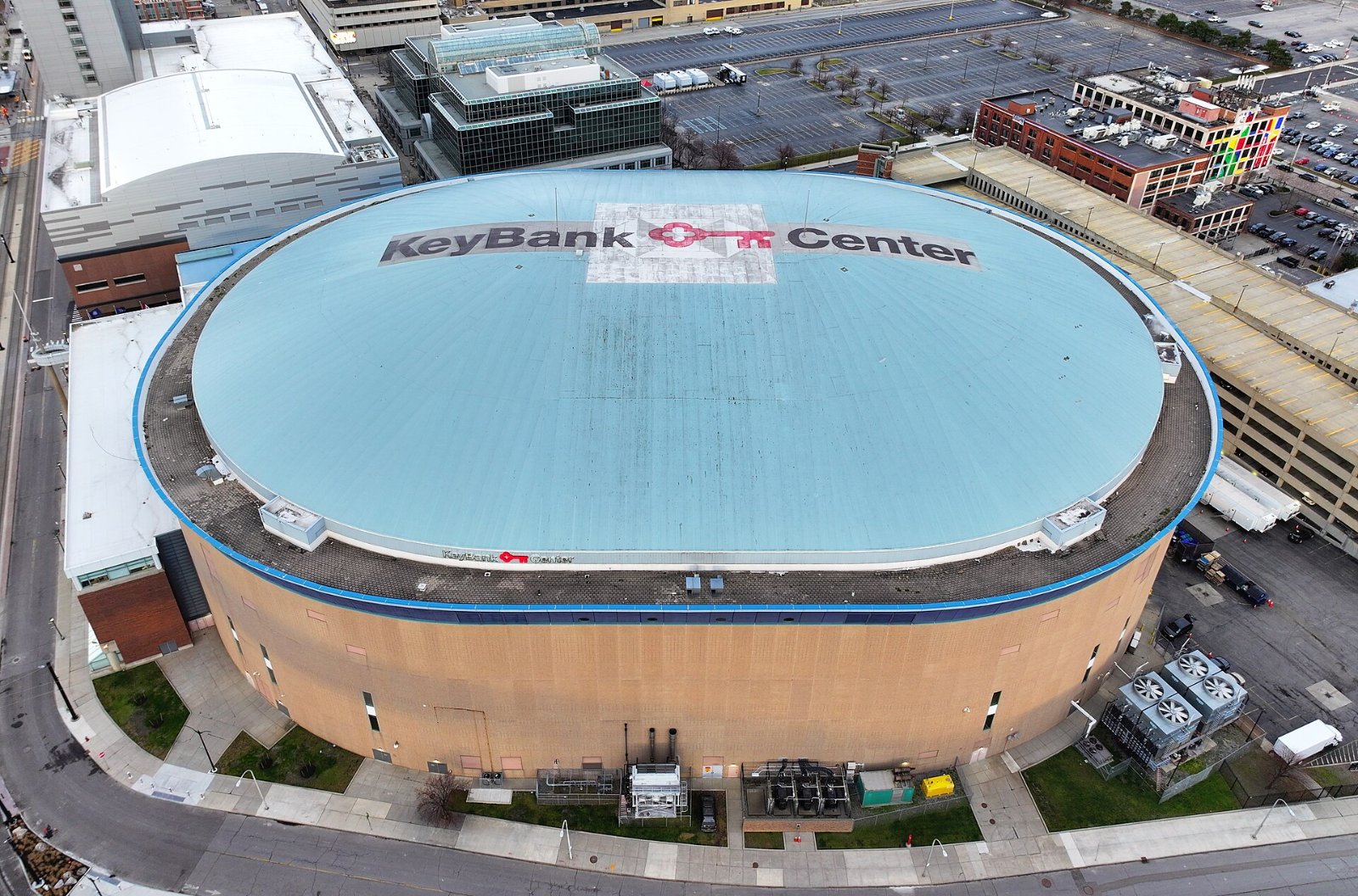 Exterior of KeyBank Center in Buffalo, where the Sabres play; the Louis Crevier extension runs through 2030-31