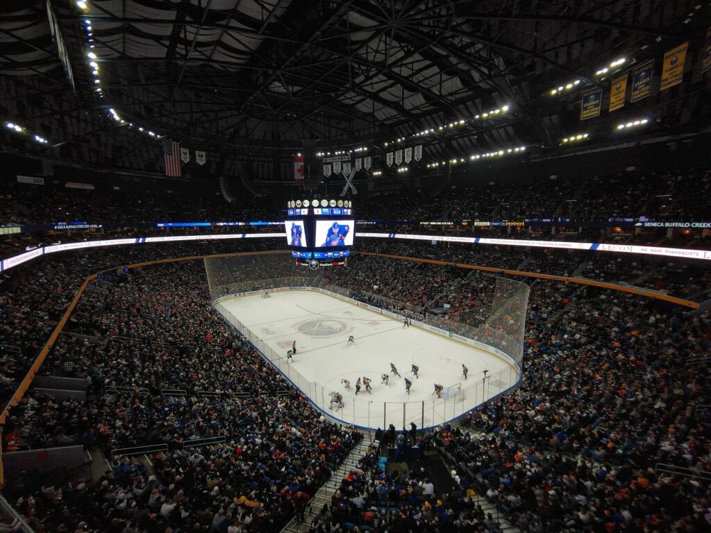 Fans watch a 2023 Oilers-Sabres game at KeyBank Center, home of the Sabres after the Louis Crevier extension