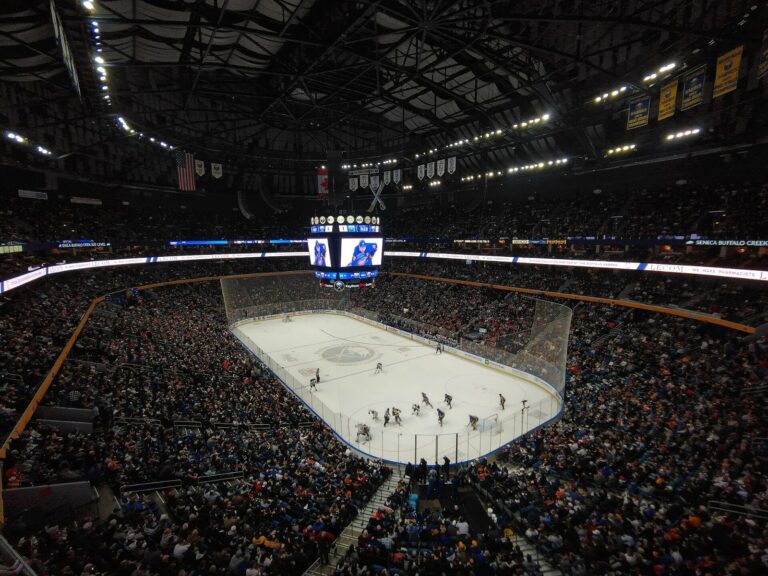 Fans watch a 2023 Oilers-Sabres game at KeyBank Center, home of the Sabres after the Louis Crevier extension