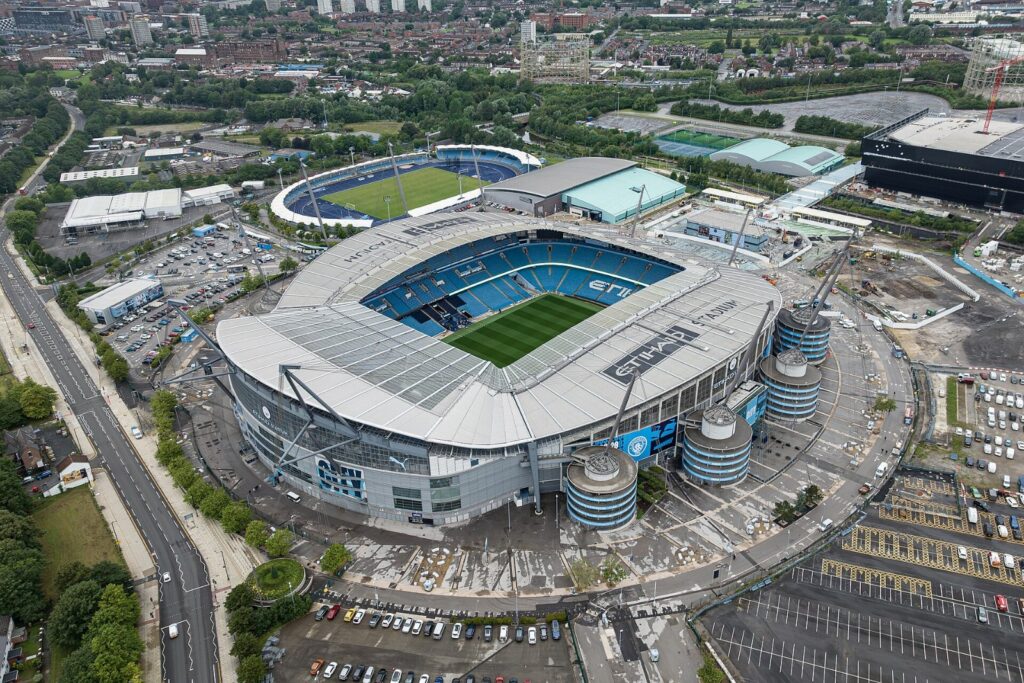 Manchester City sanctions: Aerial view of the Etihad Stadium, home of Manchester City, Etihad Airways