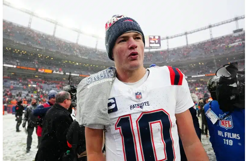 Patriots vs Bills preview: Patriots quarterback Drake Maye reacts after the AFC Championship Game win over Denver