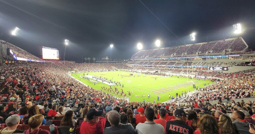 Night view inside Snapdragon Stadium, home of San Diego State football, which is dealing with San Diego State mumps cases