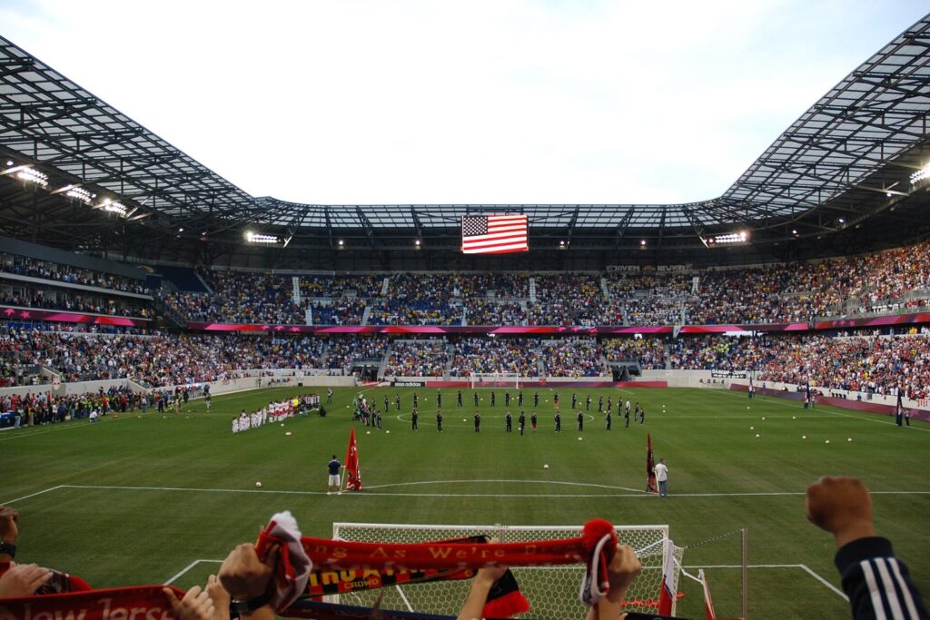 St. Louis CITY SC played at Sports Illustrated Stadium, formerly Red Bull Arena, in Harrison, New Jersey, seen from behind the goal